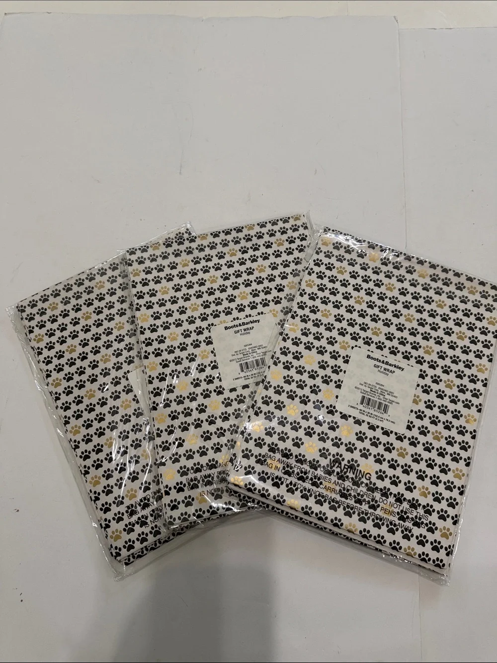 Boots & Barkley Black, Gold and White Paw Print Gift Wrap Sheets Set of 3